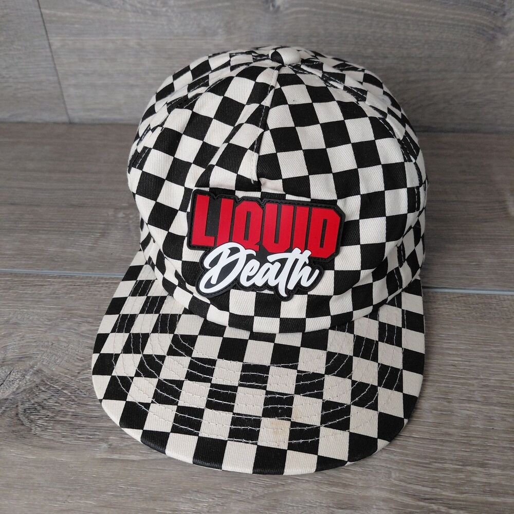 Liquid Death Hat Cap Black White Adjustable Checkerboard Retro Graphic Spellout